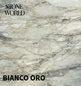 A bespoke marble worktop with natural grey veining, creating a luxurious kitchen centerpiece.
