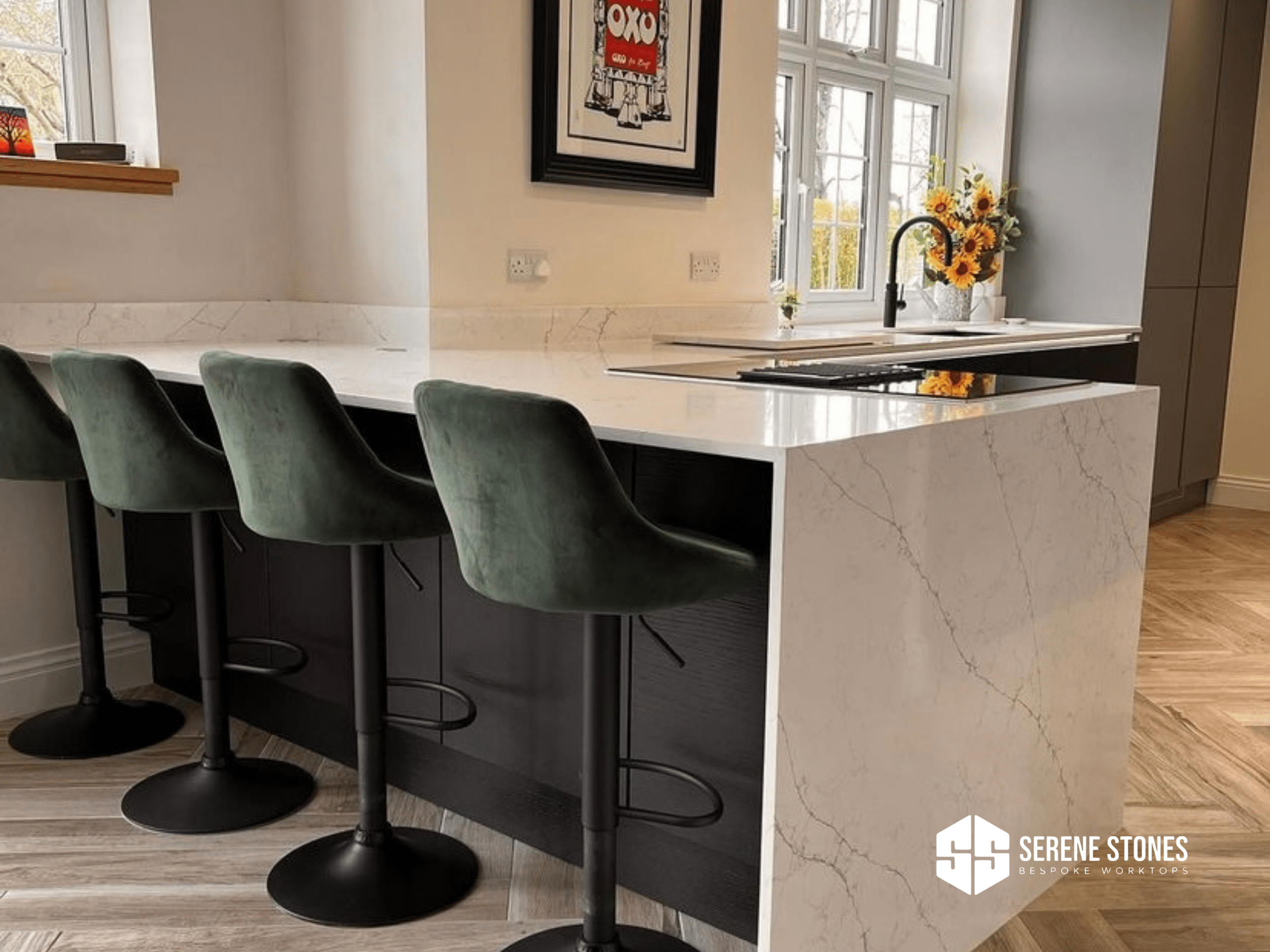 Sleek marble countertop designed by Serene Stones for luxury kitchens.