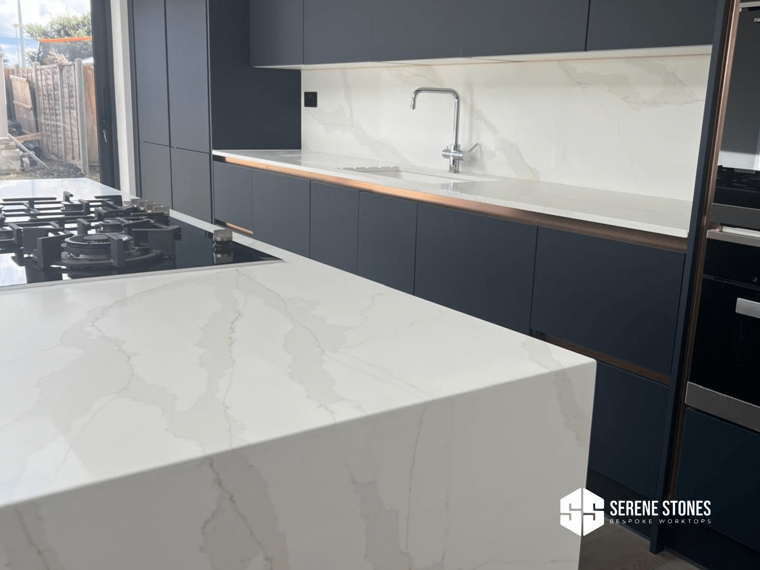 Marble worktops designed for luxury kitchens.